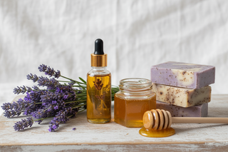 Lavender Oil, Lavender Sprigs, Lavender Coffee Soap bars, Honey