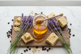 show raw ingredients, lavender, honey, beewax, coffee 